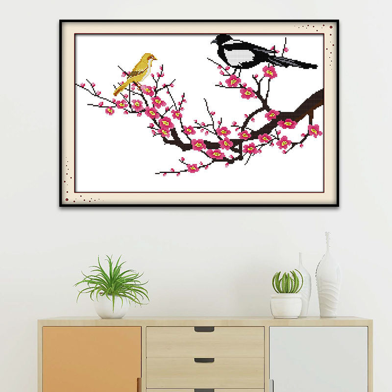 喜上眉梢印花十字绣喜鹊客厅挂画