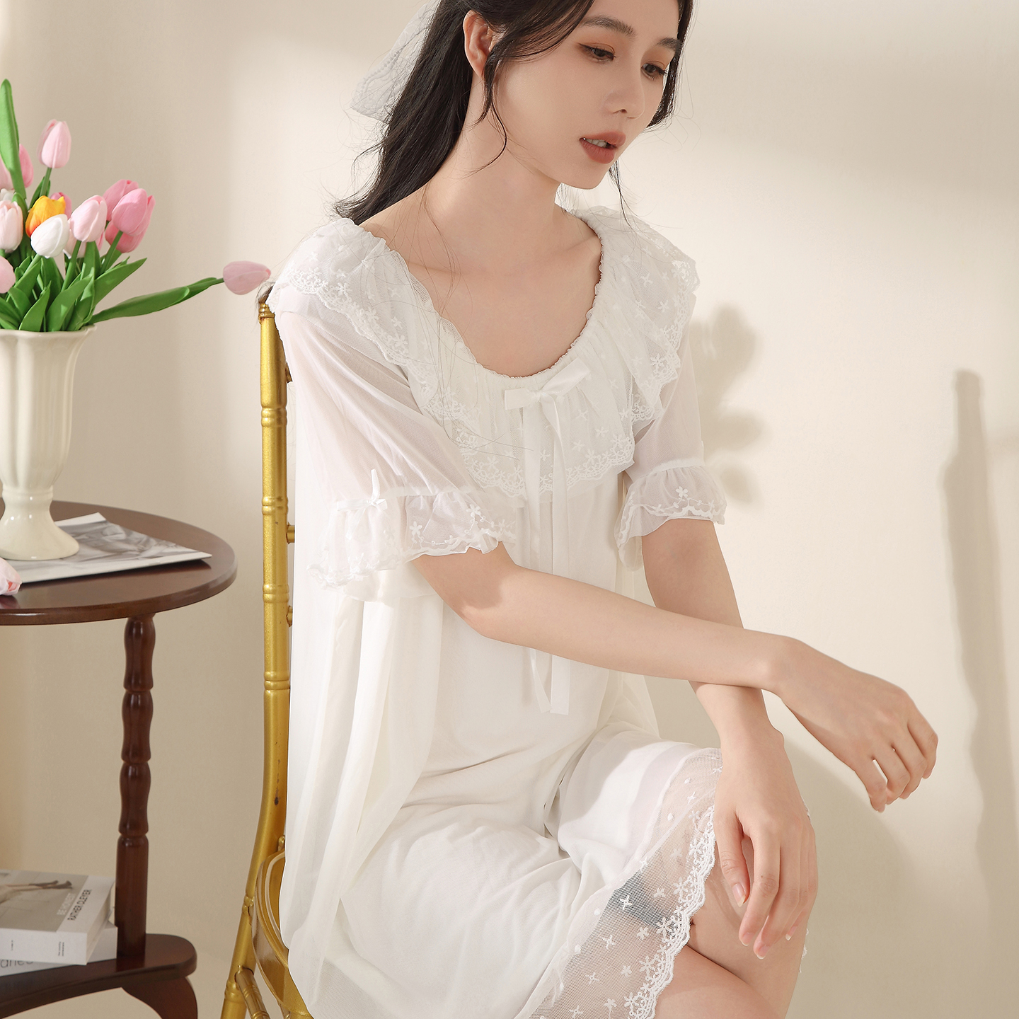 法式復(fù)古宮廷風(fēng)網(wǎng)紗宅公主睡裙女款2025新款夏季蕾絲仙女短袖睡衣