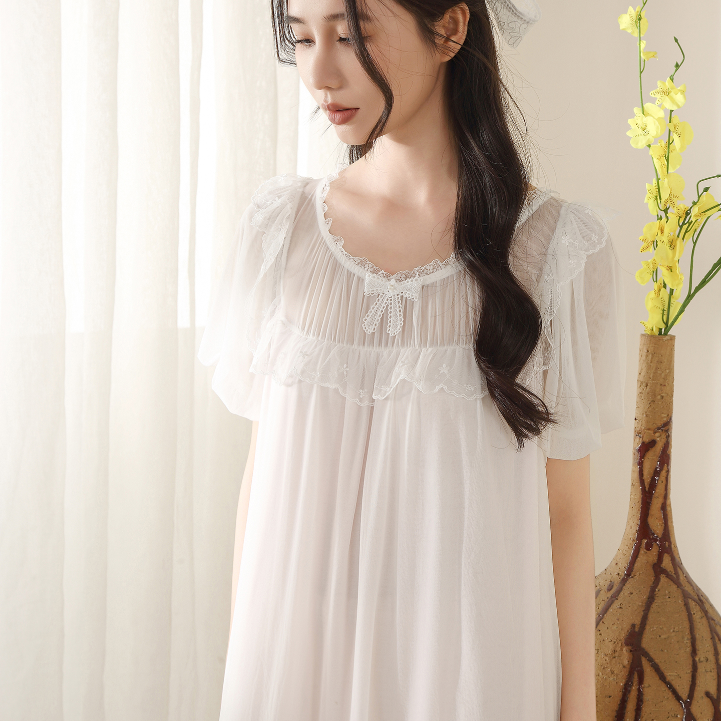 短袖蕾絲甜美性感宮廷風(fēng)睡衣女款夏季法式公主風(fēng)網(wǎng)紗精致絕美睡裙