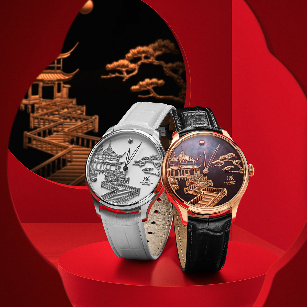上海手表男款复兴系九曲映月铂金浮雕皮带机械腕表官方旗舰店