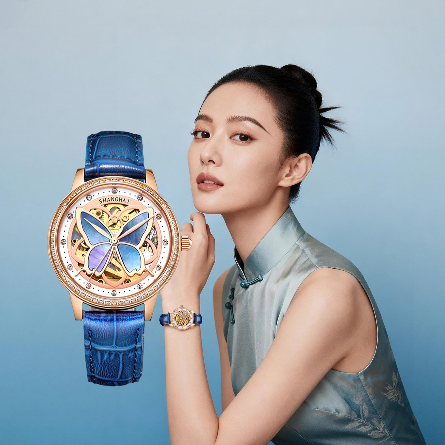 上海手表女款国民953蓝蝶恋花镶钻轻奢国风皮带机械表官方旗舰店