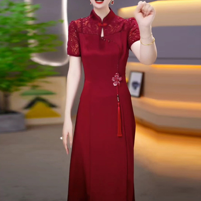 新中式旗袍改良版红色春夏新款气质喜婆婆婚宴装婚礼妈妈连衣裙子