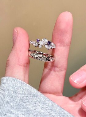 S999足银紫藤花情侣对戒轻奢小众时尚开口纯银戒指七夕生日送礼物