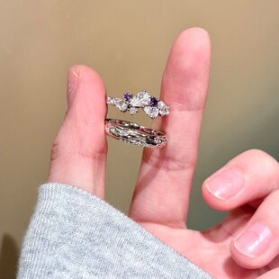 S999足银紫藤花情侣对戒轻奢小众时尚开口纯银戒指七夕生日送礼物