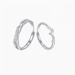 S999足银连理枝情侣对戒纯银戒指小众设计开口男女情人节生日礼物