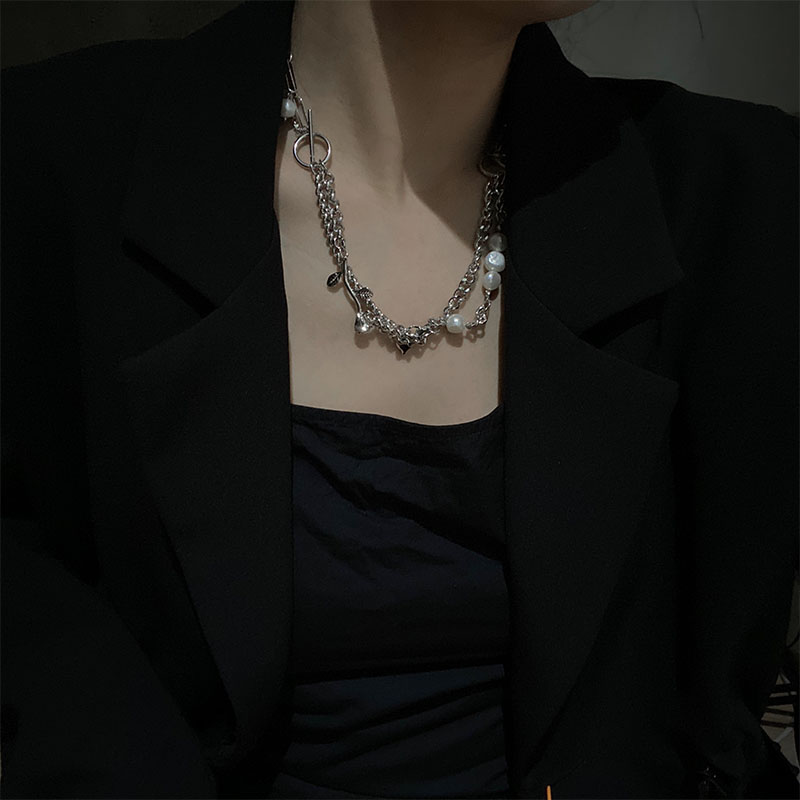 质感异形珍珠链条项链玫瑰花造型双层锁骨链choker女毛衣链短款