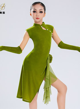 新款改良版拉丁舞连衣裙旗袍女成人练功服摩登舞蹈演出服珍珠裙子
