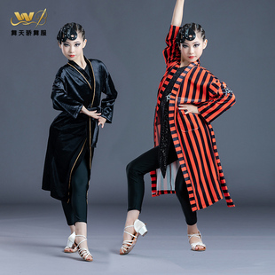秋冬季拉丁舞服女童比赛袍子黑色长袖专业赛袍考级服开衫系带外套