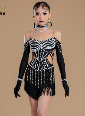 舞天骄舞服富贵珍珠黑色拉丁舞赛服专业恰恰伦巴比赛花服表演服