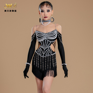 舞天骄舞服富贵珍珠黑色拉丁舞赛服专业恰恰伦巴比赛花服表演服