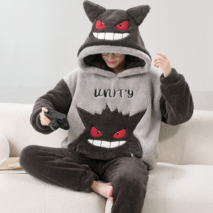 宝可梦耿鬼珊瑚绒睡衣男孩冬季加绒加绒卡通青少年初中学生中大童