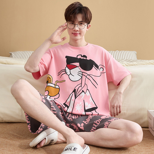 初中生睡衣男孩夏天纯棉薄款粉红豹卡通动漫中大童高中学生家居服