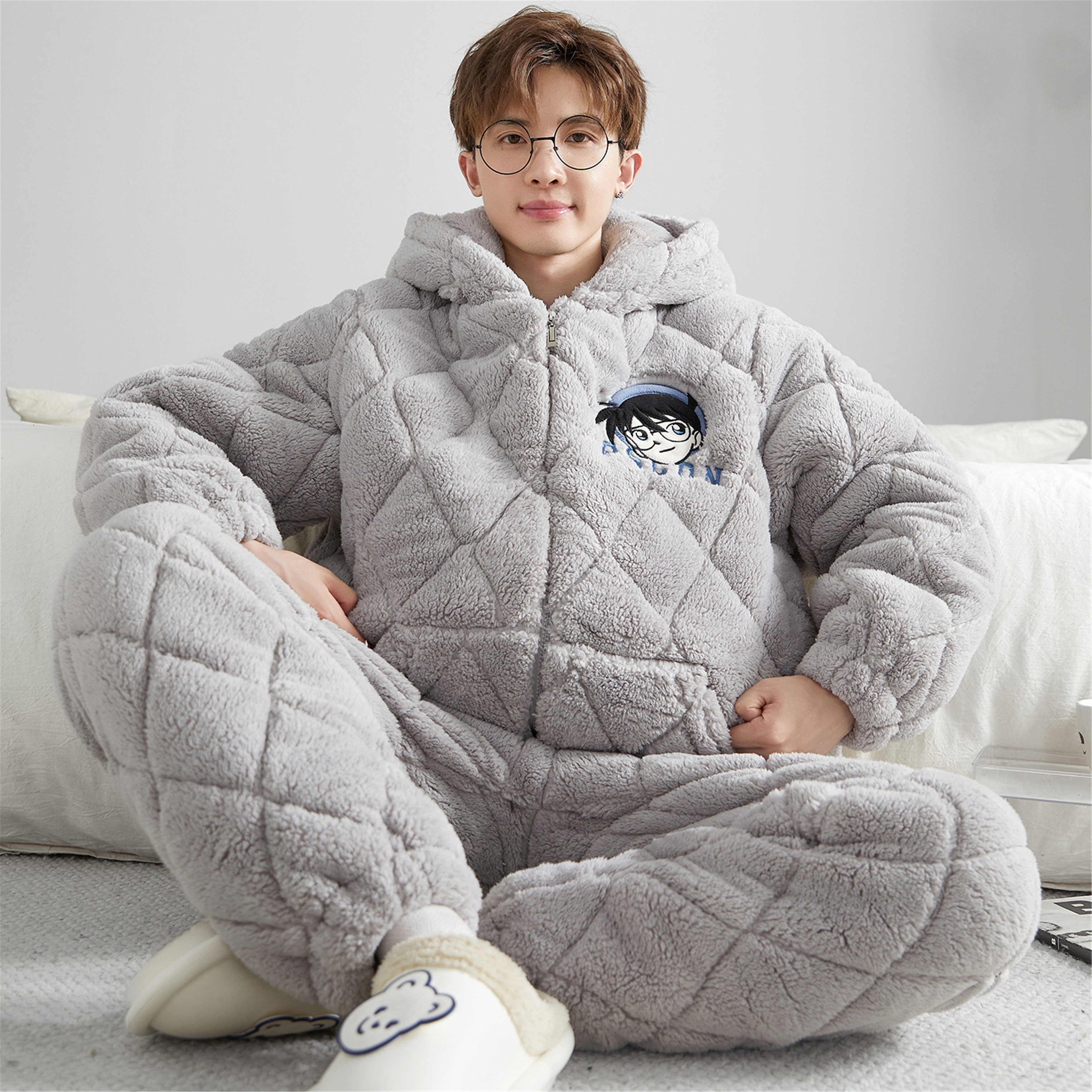冬季男士珊瑚绒睡衣加厚加绒三层