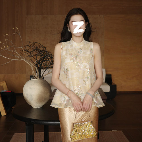 新中式网纱绣花无袖上衣女国风重工钉珠刺绣设计马甲女装 P0337