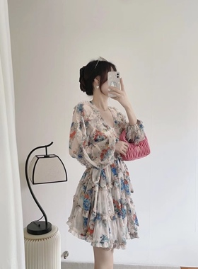欧阳娜娜同款法式v领超重工碎花连衣裙女度假风超仙仙女裙沙滩裙
