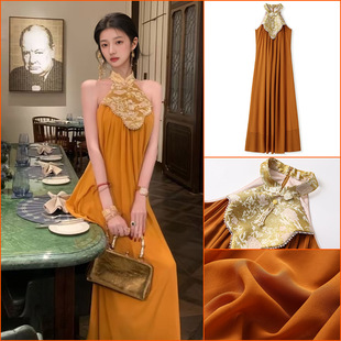 春夏气质高端国风设计感长裙新中式时尚旗袍领巨美连衣裙女 N3098