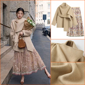 围巾领双面呢大衣珠绣拼花半身裙两件套 秋冬新款 气质斗篷式 NX045