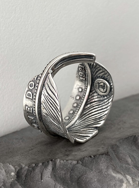 男925纯银高桥字母羽毛开口戒指