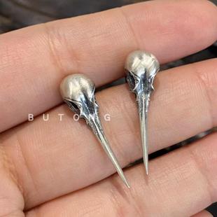 不同银匠 蜂鸟头骨耳哥特风蒸汽朋克耳饰 925纯银复古耳钉另类时尚