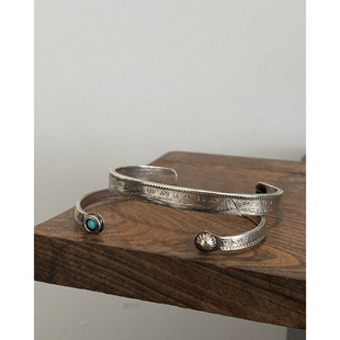 不同银匠 复古925纯银摩根币切割花纹镶嵌松石开口手镯宽窄版情侣