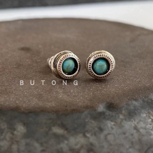 不同银匠 复古925纯银摩根币花纹切割镶嵌天然绿松石耳钉圆形男女