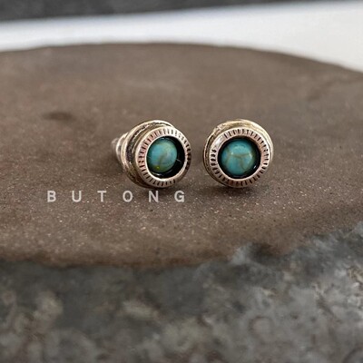 925纯银印第安天然绿松石男耳钉
