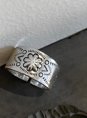 925纯银几何花纹印第安开口戒指