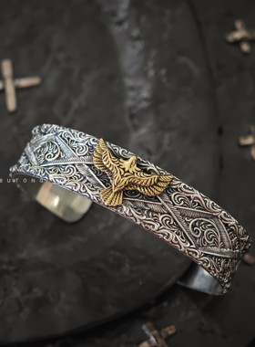 复古高桥风925纯银老鹰羽毛手镯