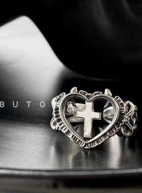 女925纯银黑萝莉爱心十字架戒指