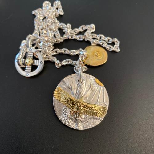 925纯银飞鹰圆形银饼吊坠男项链