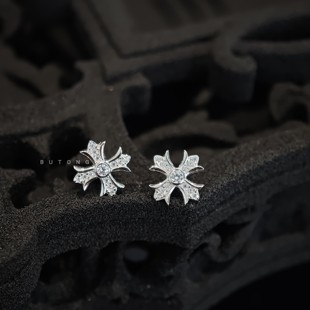 不同银匠 通体925纯银简约气质镶嵌锆石水钻十字架耳钉嘻哈男耳饰