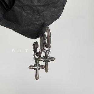 不同银匠 潮牌男女朋克嘻哈 925银十字架暗黑哥特摇滚街头耳环个性