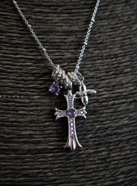 925纯银紫色锆石十字锁骨链