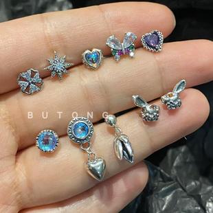 不同银匠 通体925纯银锆石水钻复古蝴蝶兔子爱心花耳骨钉螺丝耳堵