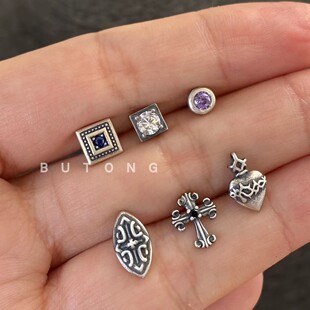 不同银匠 复古925纯银欧美哥特朋克风锆石水钻十字架耳钉情侣个性