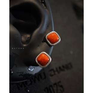 不同银匠 复古925纯银南红色玛瑙方形耳钉金属边框设计感男女耳饰