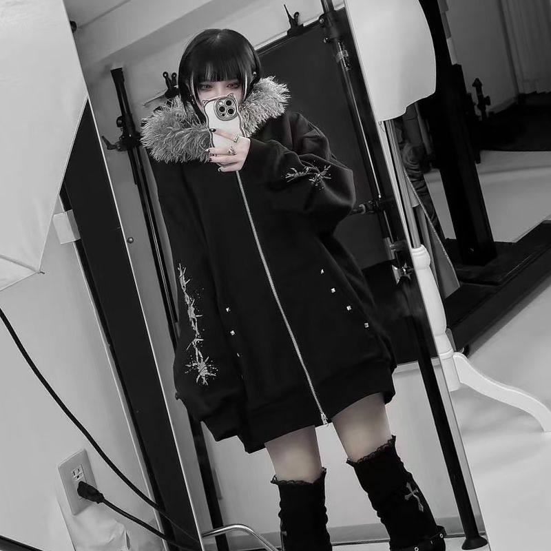 日系暗黑复古辣妹y2k毛领连帽外套秋冬卫衣宽松印花加绒长袖开衫,女装/女士精品,卫衣/绒衫,淘宝优惠券,粉丝福利购,淘宝优惠卷