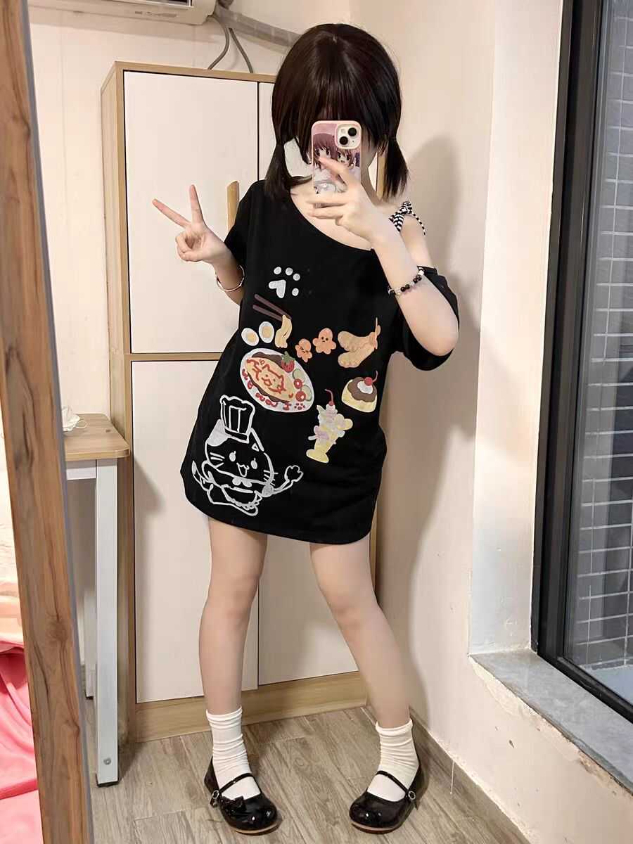 性感少女中长款T恤日系短袖露肩