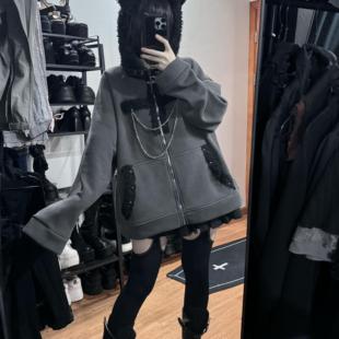 亚文化暗黑喵耳连帽长袖卫衣外套禁法之锁重金属感十字架萌酷风