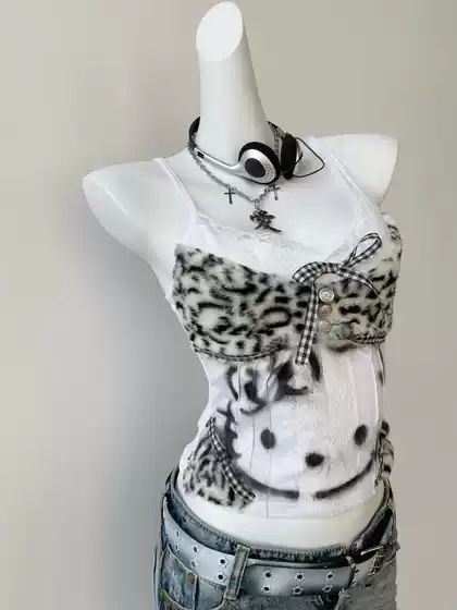 Vintage Y2K Spicy Girl Shibuya Camisole American-Style Kitten Print Patchwork Leopard Lace Slim-Fit Top Trendy