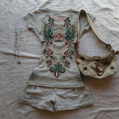 美式复古Vintage古着亚文化 灰色V领印花短袖T恤修身收腰上衣夏季