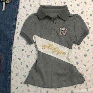 美式复古vintage古着辣妹古早味灰色polo拼色短袖T恤反季轻亚上衣