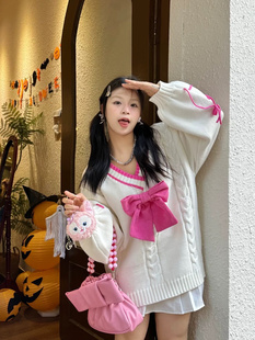 多巴胺蝴蝶结毛衣女秋冬慵懒风撞色宽松V领绑带设计感针织上衣潮