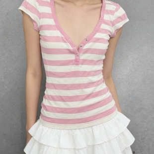 ins 上衣显瘦百搭韩版 纯欲美式 复古vintage古早味粉色条纹V领短袖