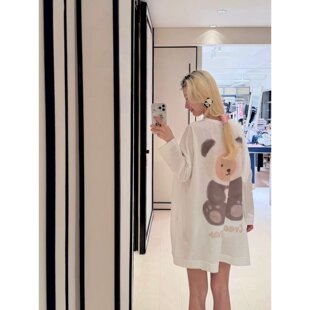 韩系抱熊长袖T恤女宽松中长款下衣失踪慵懒风卡通百搭防晒上衣ins