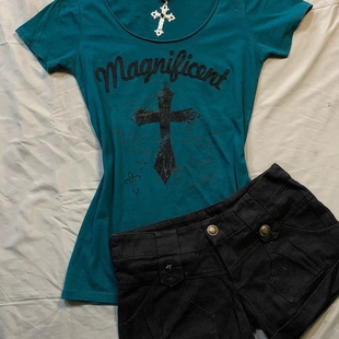 古着上衣印花夏季 复古收腰修身 Vintage深蓝色十字架T恤美式 原创