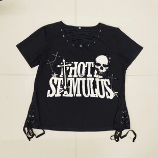 100%纯棉日牌亚文化朋克摇滚骷髅头短袖 古着街头黑色绑带上衣T恤