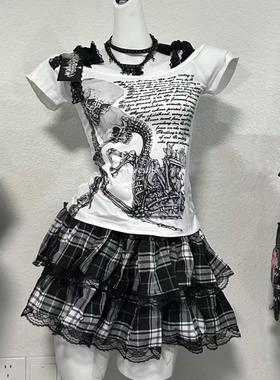 美式复古短袖骷髅VintageT恤亚文化辣妹修身性感露肩一字肩中古着