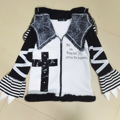 秋冬亚文化辣妹黑白条纹蝙蝠领朋克加绒加厚外套开衫假两件卫衣女