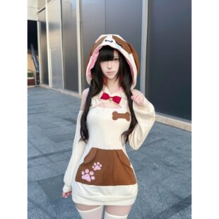 日系可爱宅萌小猫印花耳朵连帽长袖春秋软妹服宽松露肩上衣卫衣女